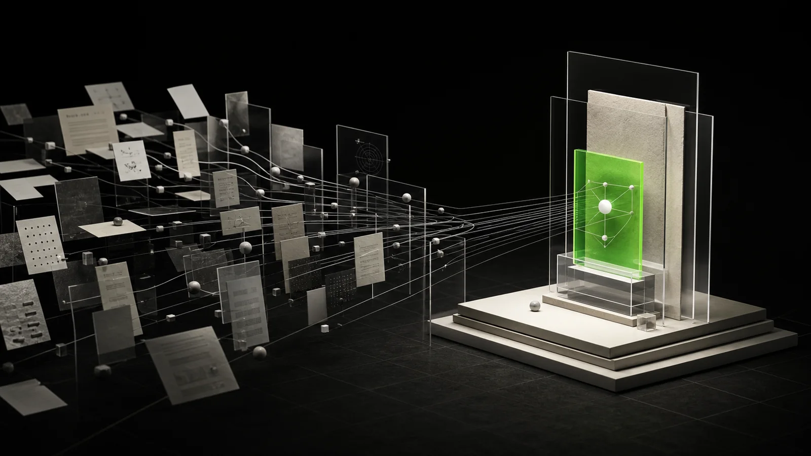 Information sources converging into one trusted answer selected by an AI system